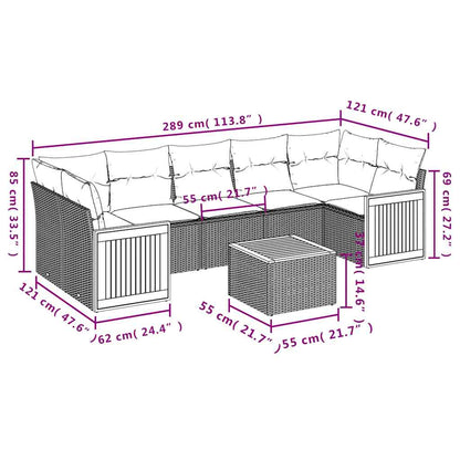 8-teiliges Gartensofa-Set mit Kissen, schwarzes Polyrattan
