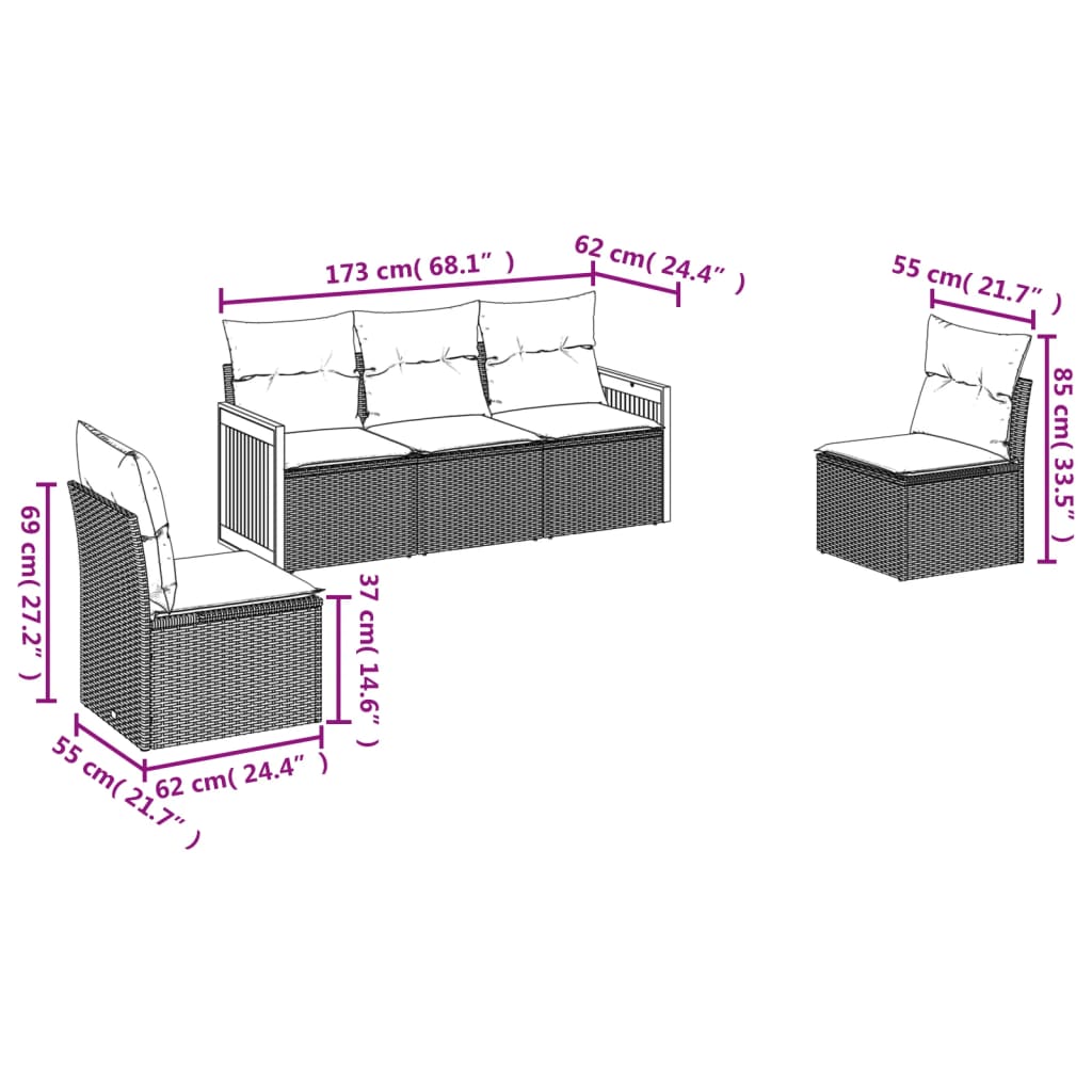 5-teiliges Gartensofa-Set mit Kissen, schwarzes Polyrattan