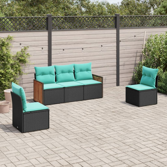 5-teiliges Gartensofa-Set mit Kissen, schwarzes Polyrattan