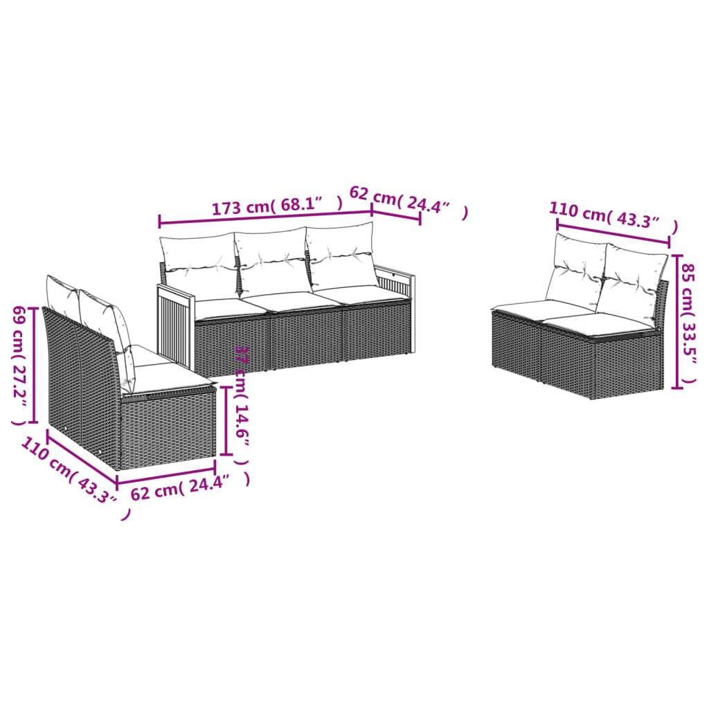 7-teiliges Gartensofa-Set mit Kissen, grau, Polyrattan