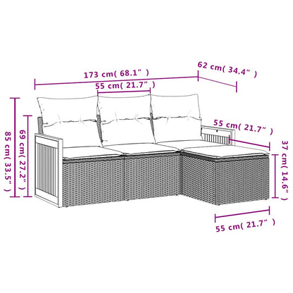 4-teiliges Gartensofa-Set mit Kissen, schwarzes Polyrattan