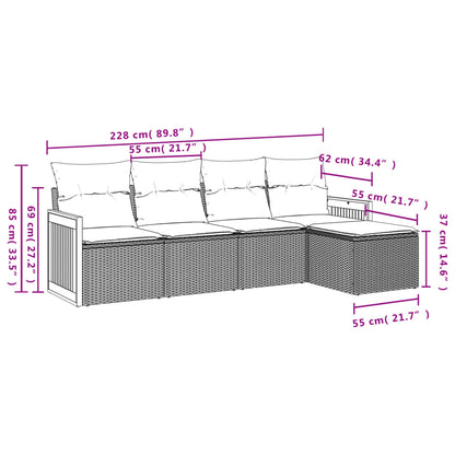5-teiliges Gartensofa-Set mit Kissen, schwarzes Polyrattan