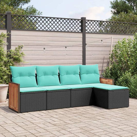 5-teiliges Gartensofa-Set mit Kissen, schwarzes Polyrattan