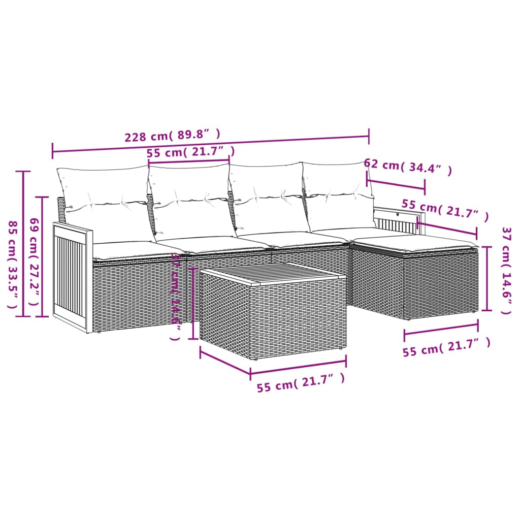 6-teiliges Gartensofa-Set mit Kissen, schwarzes Polyrattan