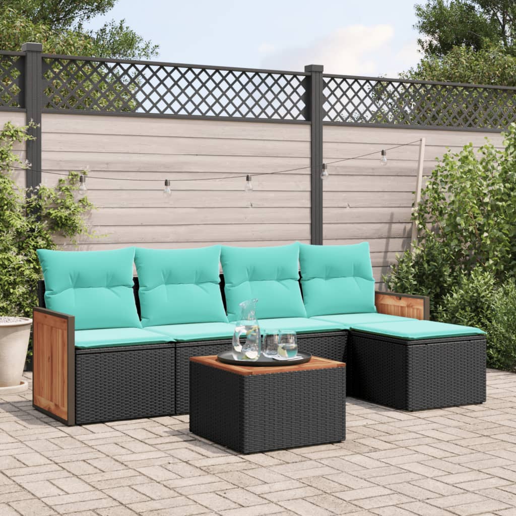 6-teiliges Gartensofa-Set mit Kissen, schwarzes Polyrattan