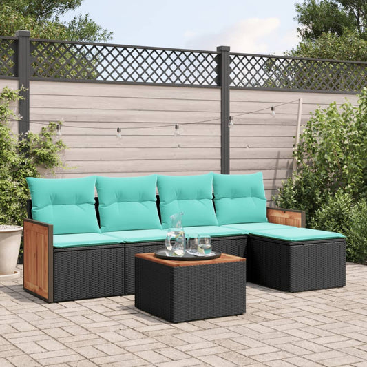 6-teiliges Gartensofa-Set mit Kissen, schwarzes Polyrattan
