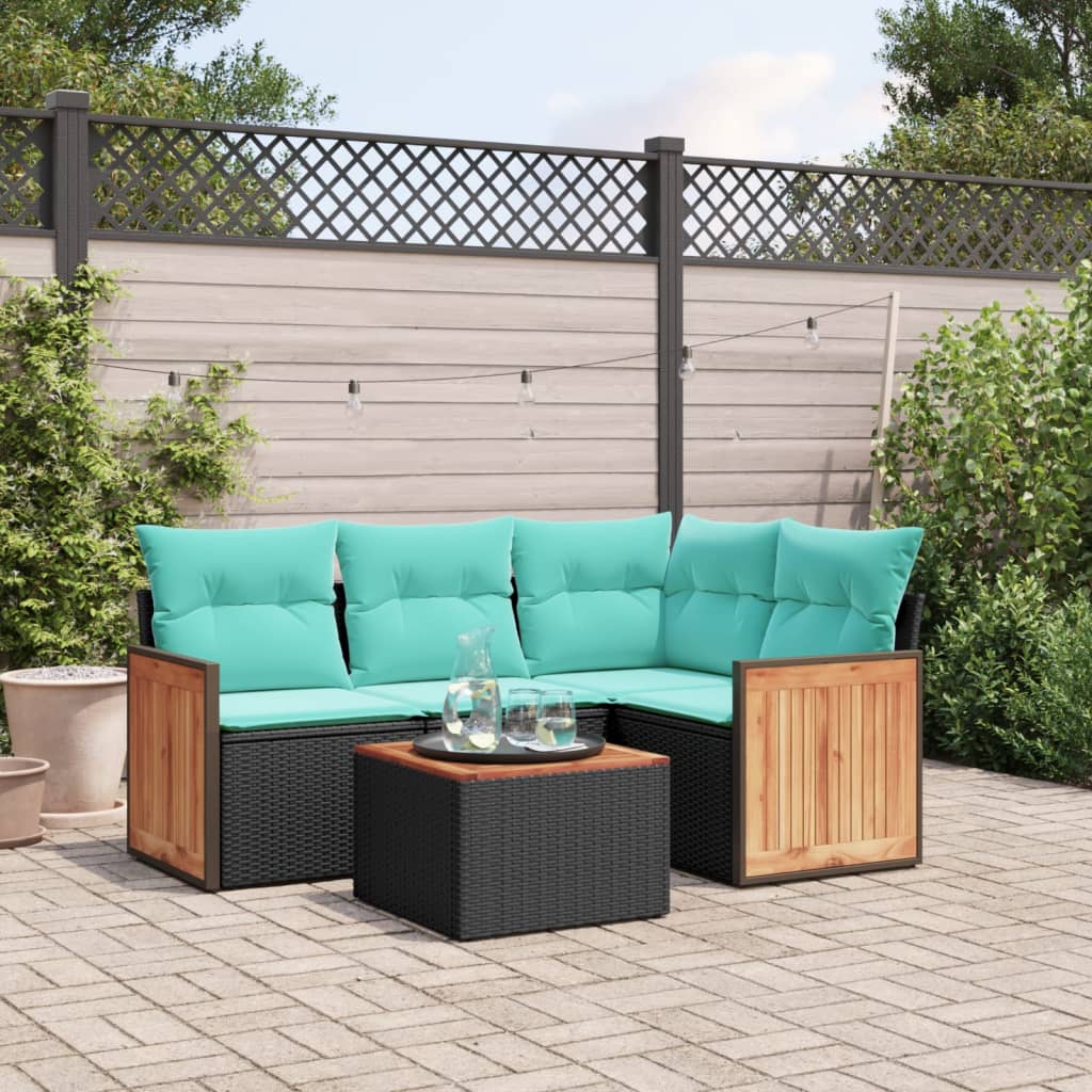 5-teiliges Gartensofa-Set mit Kissen, schwarzes Polyrattan