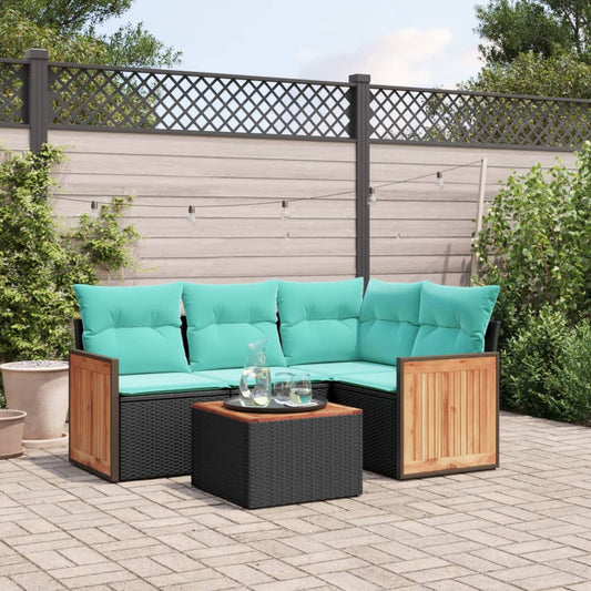 5-teiliges Gartensofa-Set mit Kissen, schwarzes Polyrattan