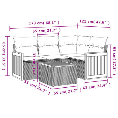 5-teiliges Gartensofa-Set mit Kissen, grau, Polyrattan