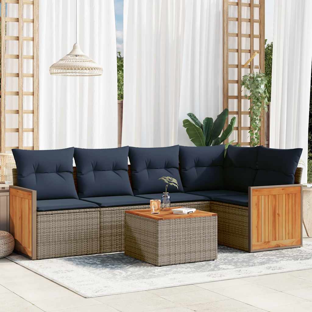 6-teiliges Gartensofa-Set mit Kissen, grau, Polyrattan