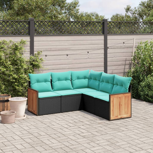 5-teiliges Gartensofa-Set mit Kissen, schwarzes Polyrattan