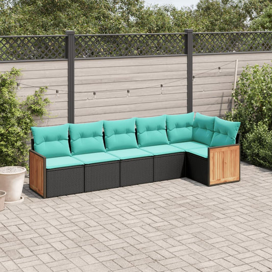6-teiliges Gartensofa-Set mit Kissen, schwarzes Polyrattan