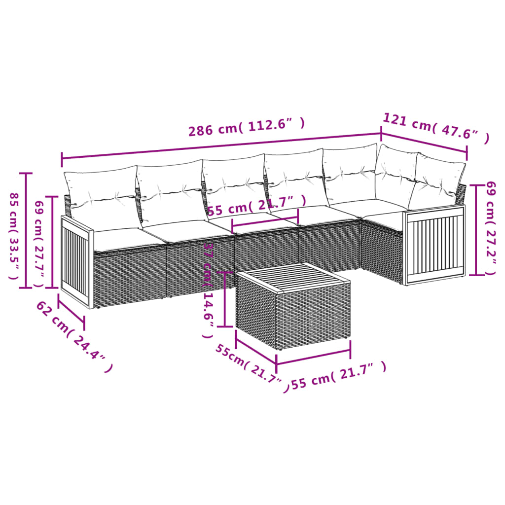 7-tlg. Garten-Sofagarnitur mit Kissen Grau Poly Rattan