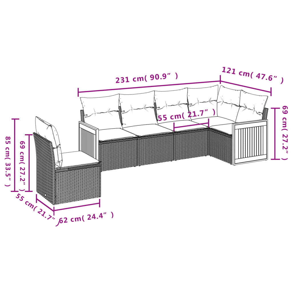 6-teiliges Gartensofa-Set mit Kissen, schwarzes Polyrattan