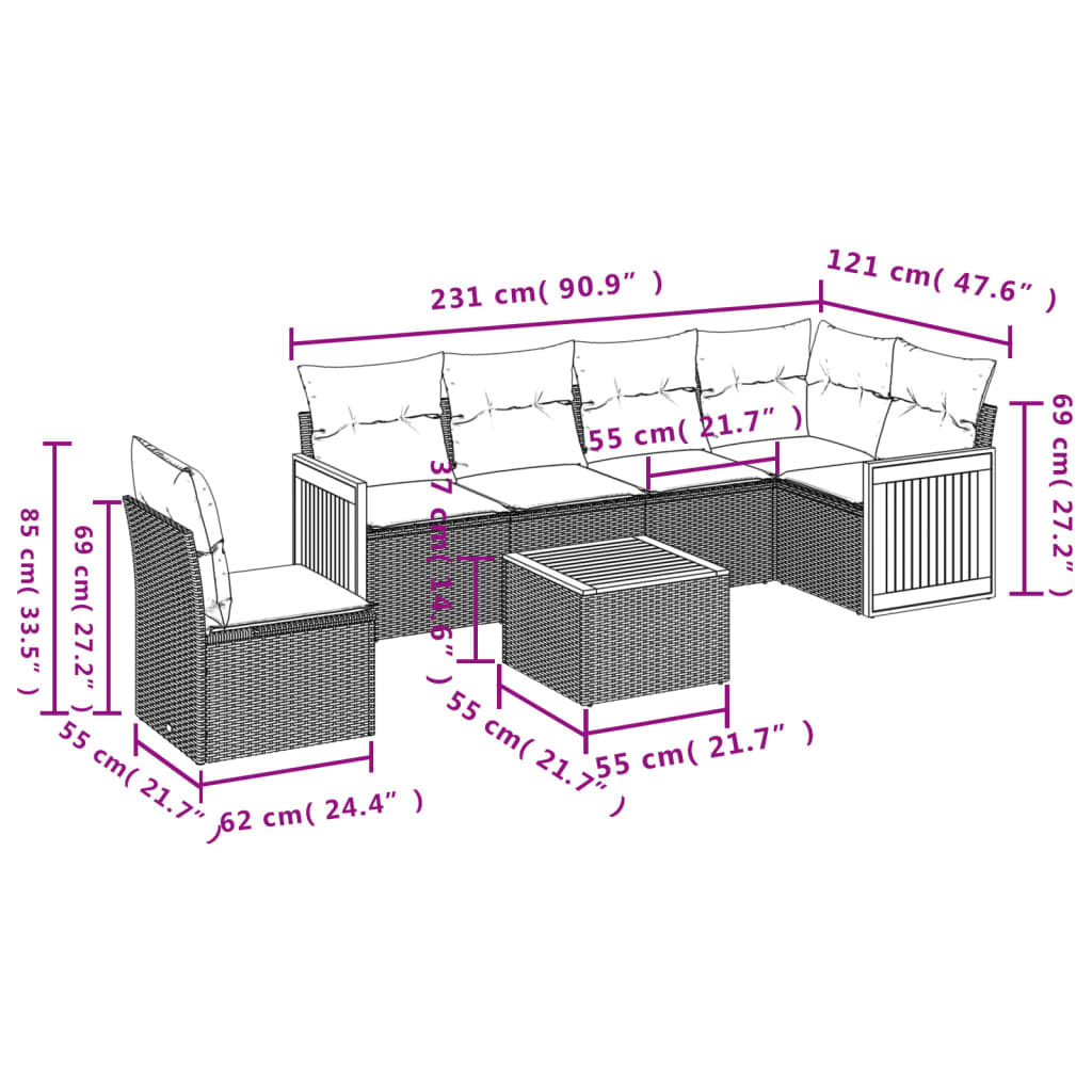 7-teiliges Gartensofa-Set mit Kissen, grau, Polyrattan