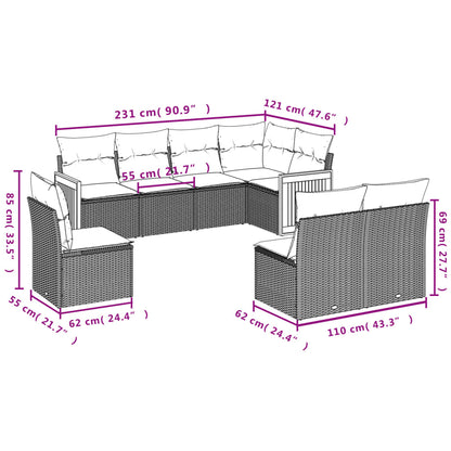 8-teiliges Gartensofa-Set mit Kissen, grau, Polyrattan