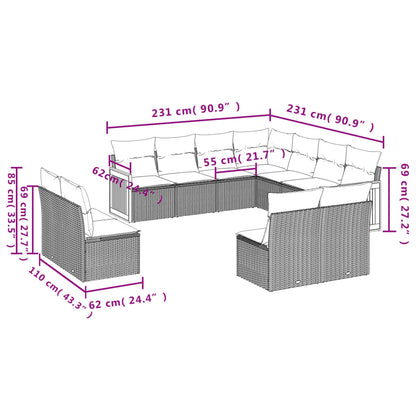 11-teiliges Gartensofa-Set mit Kissen, grau, Polyrattan