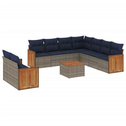 10-teiliges Gartensofa-Set mit Kissen, grau, Polyrattan