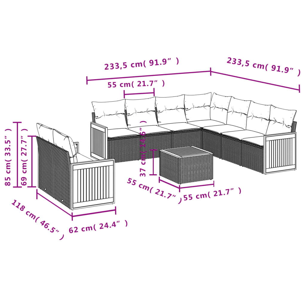 10-teiliges Gartensofa-Set mit Kissen, grau, Polyrattan