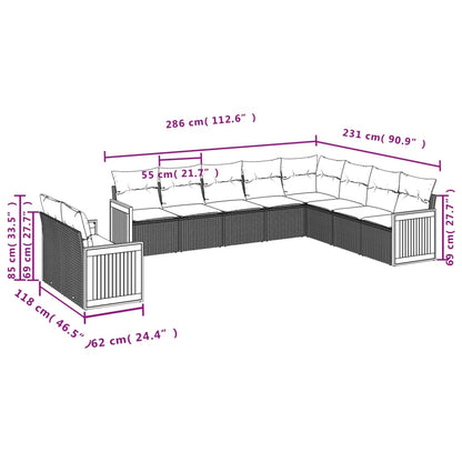 10-teiliges Gartensofa-Set mit Kissen, schwarzes Polyrattan