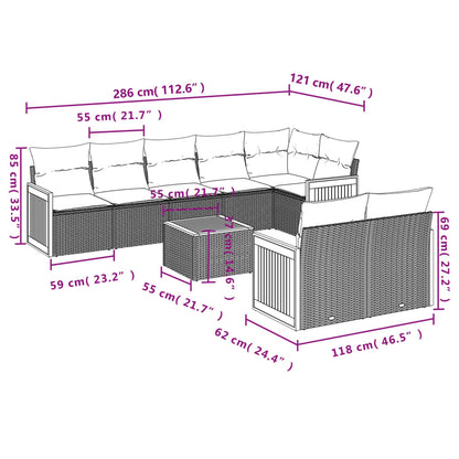 9-teiliges Gartensofa-Set mit Kissen, schwarzes Polyrattan