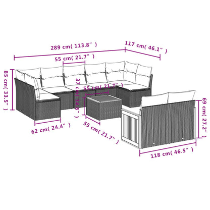 9-teiliges Gartensofa-Set mit Kissen, schwarzes Polyrattan