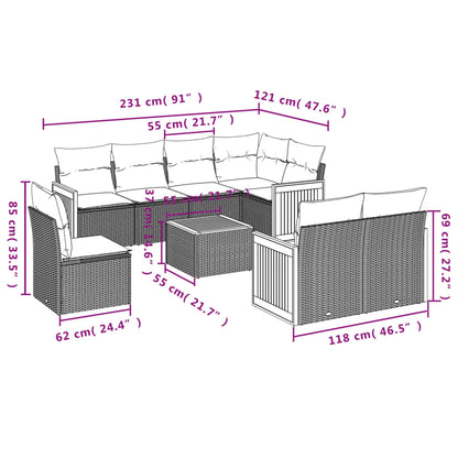 9-teiliges Gartensofa-Set mit Kissen, grau, Polyrattan