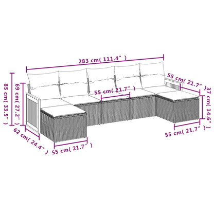7-teiliges Gartensofa-Set mit Kissen, schwarzes Polyrattan