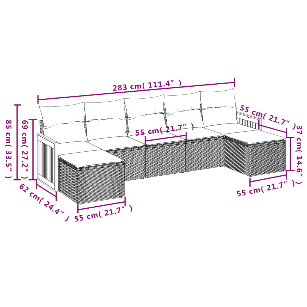 7-teiliges Gartensofa-Set mit Kissen, grau, Polyrattan
