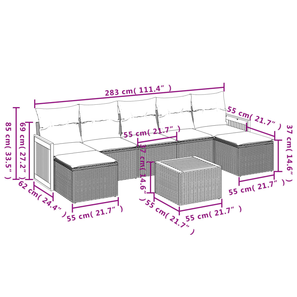 8-tlg. Garten-Sofagarnitur mit Kissen Beige Poly Rattan