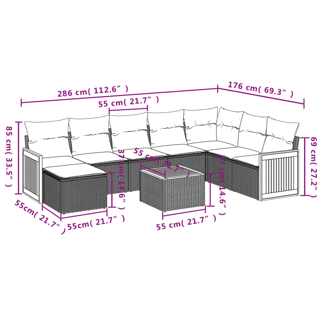 9-teiliges Gartensofa-Set mit Kissen, schwarzes Polyrattan