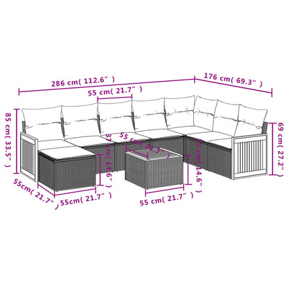 9-teiliges Gartensofa-Set mit Kissen, schwarzes Polyrattan