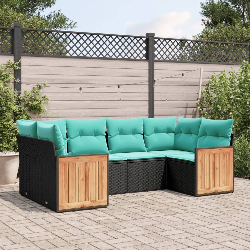 6-teiliges Gartensofa-Set mit Kissen, schwarzes Polyrattan