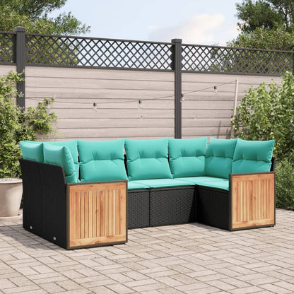 6-teiliges Gartensofa-Set mit Kissen, schwarzes Polyrattan
