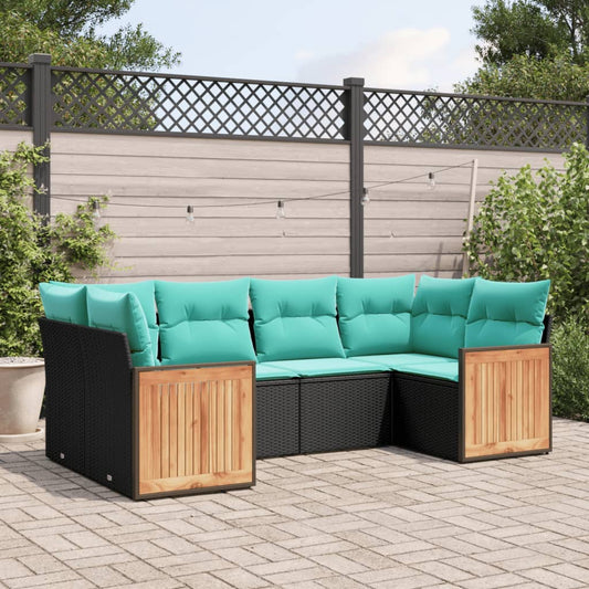 6-teiliges Gartensofa-Set mit Kissen, schwarzes Polyrattan