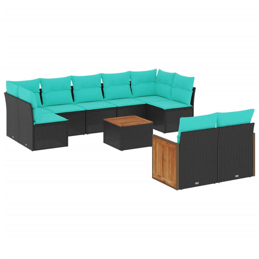 10-teiliges Gartensofa-Set mit Kissen, schwarzes Polyrattan