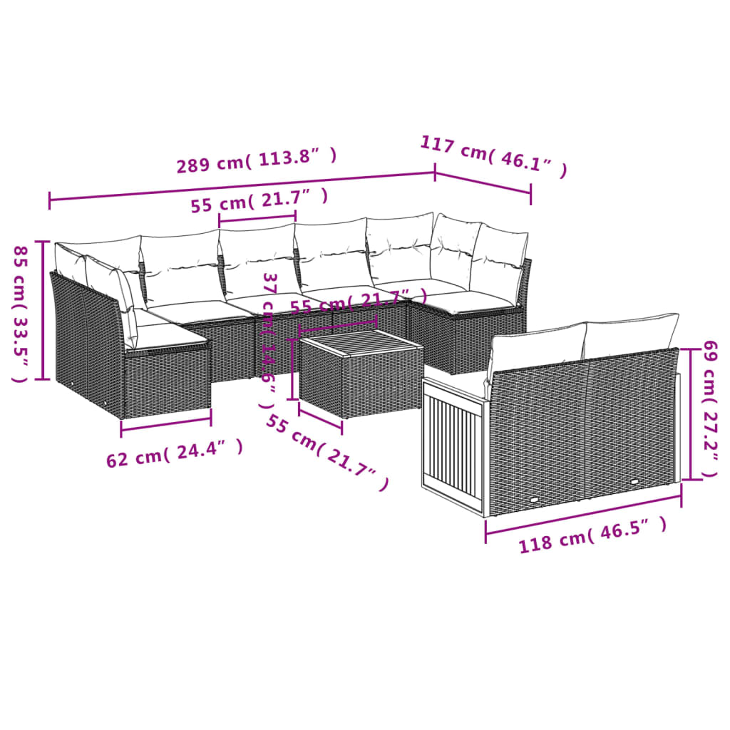 10-teiliges Gartensofa-Set mit Kissen, grau, Polyrattan