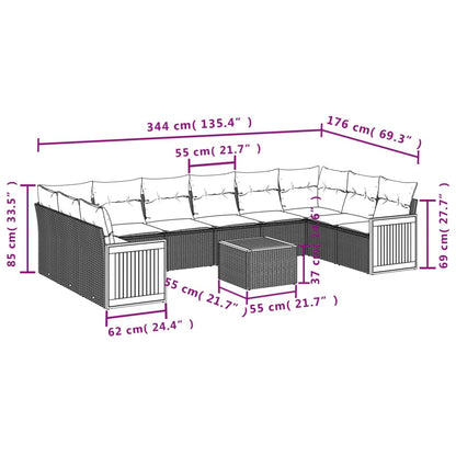 11-teiliges Gartensofa-Set mit Kissen, schwarzes Polyrattan