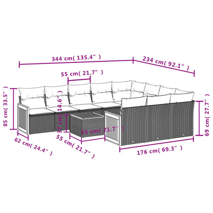 11-teiliges Gartensofa-Set mit Kissen, schwarzes Polyrattan