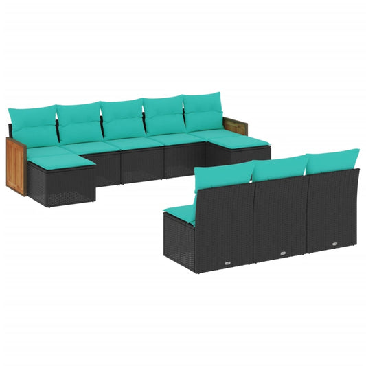 10-teiliges Gartensofa-Set mit Kissen, schwarzes Polyrattan