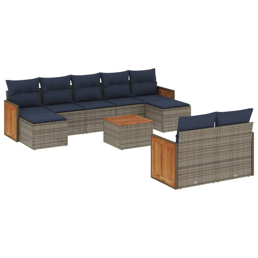 10-teiliges Gartensofa-Set mit Kissen, grau, Polyrattan
