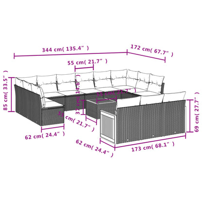14-teiliges Gartensofa-Set mit Kissen, schwarzes Polyrattan