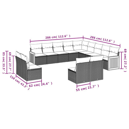 13-teiliges Gartensofa-Set mit Kissen, schwarzes Polyrattan