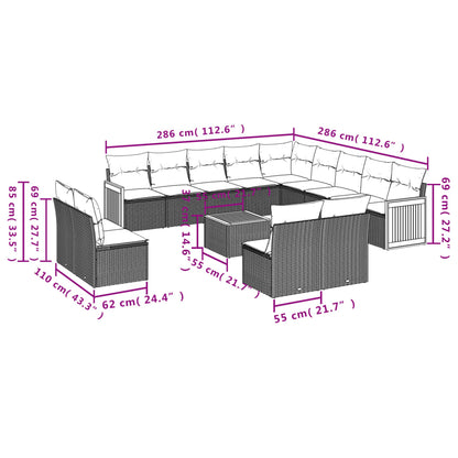 14-teiliges Gartensofa-Set mit Kissen, schwarzes Polyrattan