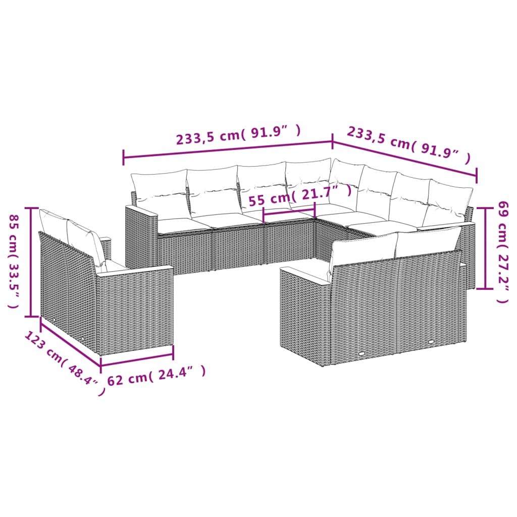 11-teiliges Gartensofa-Set mit Kissen, schwarzes Polyrattan