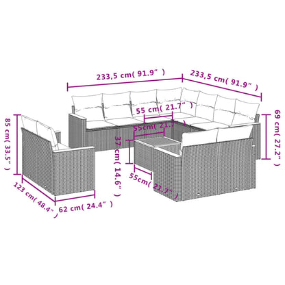 12-teiliges Gartensofa-Set mit Kissen, schwarzes Polyrattan