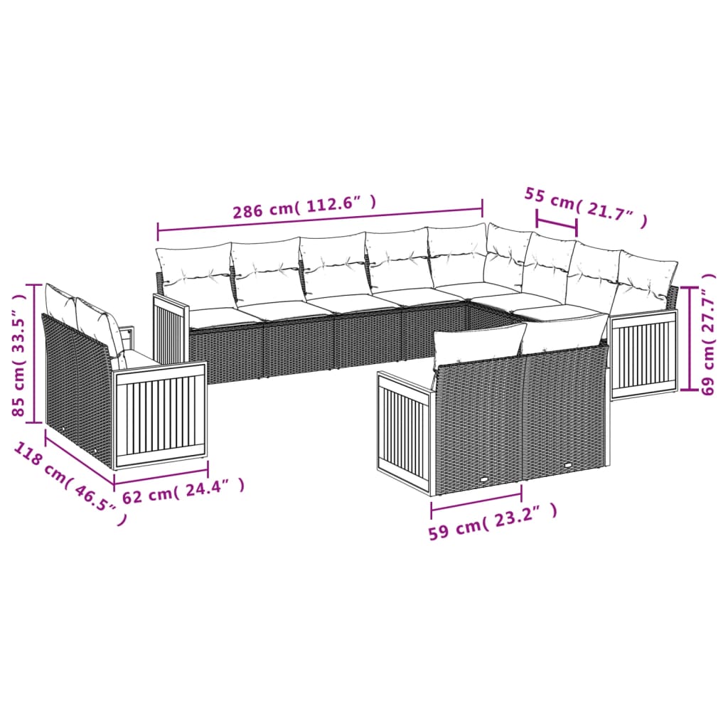 12-teiliges Gartensofa-Set mit Kissen, schwarzes Polyrattan
