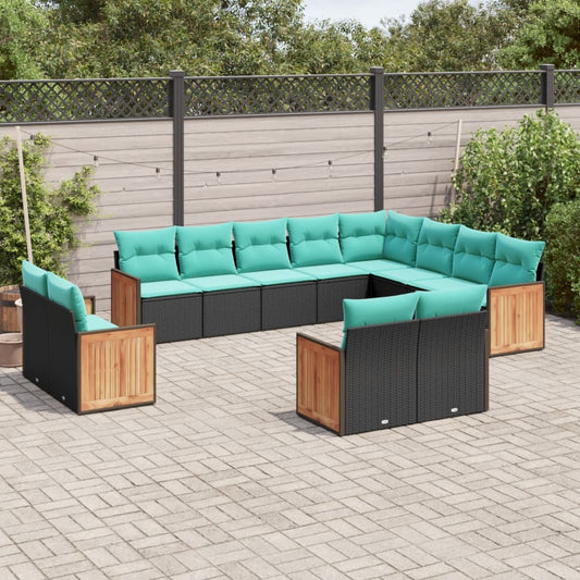 12-teiliges Gartensofa-Set mit Kissen, schwarzes Polyrattan