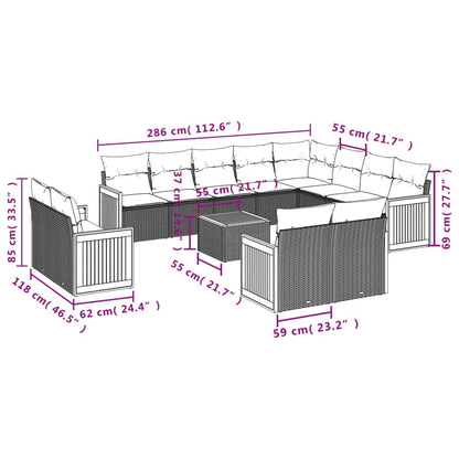 13-teiliges Gartensofa-Set mit Kissen, schwarzes Polyrattan