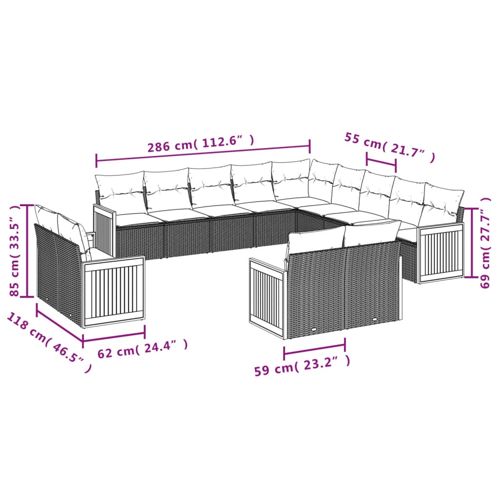 13-teiliges Gartensofa-Set mit Kissen, schwarzes Polyrattan